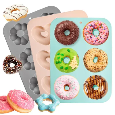 Produktbild von Silikon Donut Backform 3 Stück, 6 Mulden pro Form, Antihaft, hitzebeständig, für Muffins, Kekse, Bagels, Kuchen