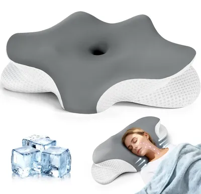Produktbild von Nackenkissen, Kopfkissen, Memory-Schaum-Kissen, ergonomisches Kopfkissen für Seitenschläfer, Rückenschläfer und Bauchschläfer, mit 2 abnehmbaren Bezügen, grau