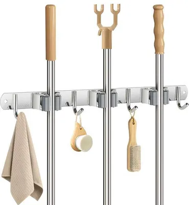 Produktbild von Edelstahl-Wandhalterung mit 3 Halter und 4 Haken für Gartengeräte und Badezimmer