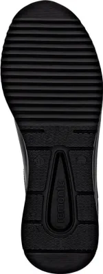 The sole of a black shoe is shown from an underneath view.