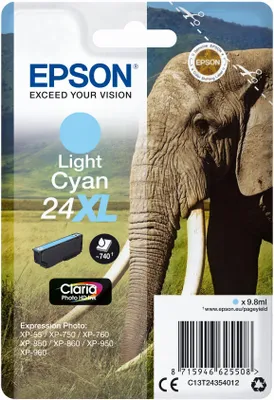 Produktbild von Epson Elephant Singlepack Light Cyan 24XL Claria Photo HD Ink, Hohe (XL-) Ausbeute, Helle Cyan, Tinte auf Pigmentbasis, 9,8 ml, 1 Stück(e), 740 Seiten