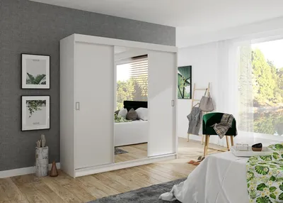 Produktbild von KIER FURNITURE Kleiderschrank mit Schiebetüren BILL 3, Schlafzimmer Schrank, Garderobeschrank, Flurschrank Weiß 200x205x59 cm