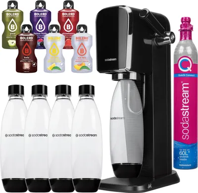 A SodaStream Art sparkling water maker with multiple flavor bottles and reusable bottles, along with a CO2 cylinder.