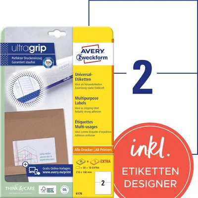 Image de Avery Zweckform® 6176 Étiquettes universelles ultragrip - 210 x 148 mm, blanc, 60 étiquettes, permanentes