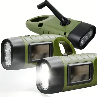 Produktbild von 3er Solar Taschenlampe Handkurbel mit Karabiner, Tragbar LED Notfall-Licht, 3 LED, Mini Kurbeltaschenlampe Wiederaufladbare für Camping, Wandern