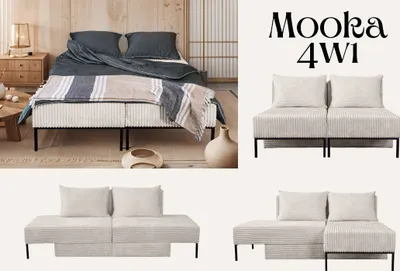 A collage of images showing a modular sofa system in different configurations and a bedroom setting.