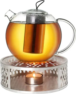 Produktbild von Creano Teekanne aus Glas 2,0l Jumbo + ein Stövchen aus Edelstahl, 3-teilige Glasteekanne mit integriertem Edelstahl Sieb und Glasdeckel, ideal zur Zubereitung von losen Tees, tropffrei