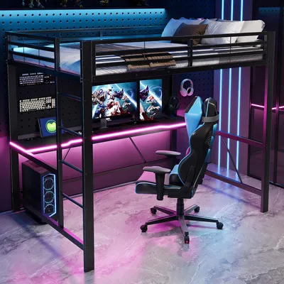 Productafbeelding van Gaming hoogslaper 140x200, metaal, met LED-verlichting, USB-aansluiting, bureau, veelzijdig (zwart)