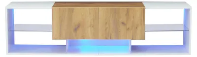 Obrázok produktu pre TV komoda s LED podsvietením – TV skrinka – 160x40x42 cm – sklenená polička – 2 zásuvky – škandinávsky štýl – biela