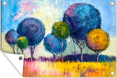 Produktbild von MuchoWow® 90x60 cm Outdoor-Poster Gartendeko Sichtschutz Garten Poster für den Garten  Gemälde - Ölfarbe - Baum - Natur
