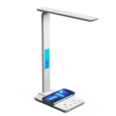 Produktbild von LED Tischlampe, 3 Beleuchtungsfarben, stufenlosem Dimmen, Wireless Charging, Temperatur, Alarm & Kalenderfunktion, LED Schreibtischlampe