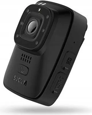 A black SJCAM A10 body camera is shown from a slight diagonal angle against a white background.
