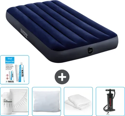 Produktbild von Intex Luftbett – 1 Person – 99 x 191 x 25 cm – Blau – im Lieferumfang enthalten Spannbettuch - Küssen - Pumpe - Reperaturset en Kissenschutz