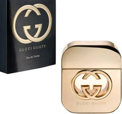 A product shot of Gucci Guilty Eau de Toilette for women, showing both the perfume bottle and its packaging.