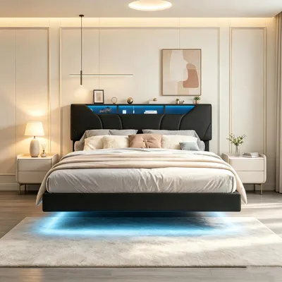 Zdjęcie produktu dla Łóżko tapicerowane INONEFT, 160x200 cm, z podświetleniem LED, łóżko platformowe z hydraulicznym podnośnikiem, z pojemnikiem na pościel i elastycznym stelażem, podwójne łóżko z pojemnikiem, obicie z pianki PU, kolor czarny