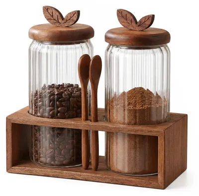 Produktbild von Kaffeedosen 2er Set, je 1 L, luftdicht mit Akazienholzdeckel, Löffel und Tablett, Glasbehälter für Kaffee, Zucker und Tee