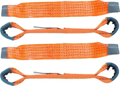 Four orange cargo straps with reinforced loops on a white background.