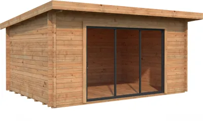 Produktbild von Palmako Gartenhaus Lea 14,2 m² Plus mit Isolierglas-Schiebetür - 44 mm Hellbraun tauchgrundiert