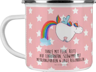 Produktbild von Mr. & Mrs. Panda Teetasse Einhorn Fliegendes Pferd - Rot Pastell - Geschenk, Emaille Tasse, Becher, Spielen, Blechtasse, Pott, Haferl, Glitzer, Unicorn, Regenbogen