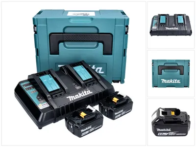 Image de Makita Power Source Set de 2 Batteries BL1860B 6,0Ah 18V + Chargeur rapide double DC18RD + Coffret Makpac (2x 197422-4) (196933-6)