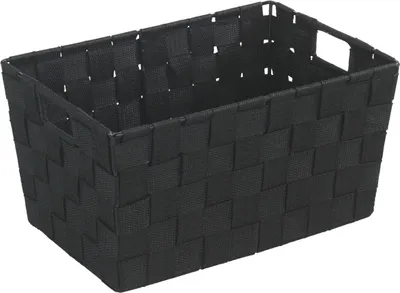 A black woven storage basket with handles is shown from a slightly elevated side angle on a white background.