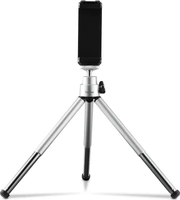 A silver tripod with a black phone holder.