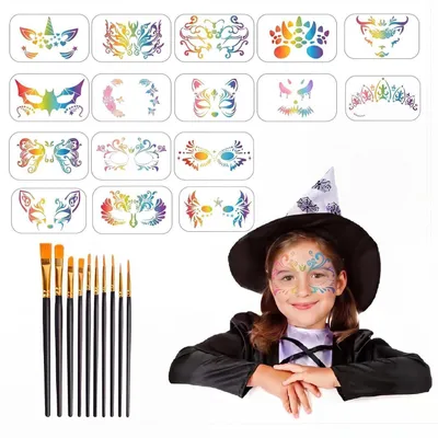 Produktbild von Gesichtsmalerei Schablonen Set 26 Stück wiederverwendbar mit 10 Stiften für Kinder Halloween Party Make-up
