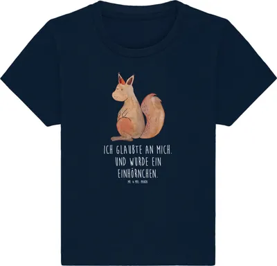 Produktbild von Mr. & Mrs. Panda Babyshirt Einhorn Glauben 6. - 12. Monat - French Navy - Geschenk, Einhörner,  T-Shirt, Eichhörnchen, Organic Baby, Unicorn, Jerseyshirt, Kurzarmshirt