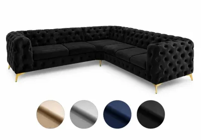 Zdjęcie produktu dla Narożnik Moet w kształcie litery L, czarny, wymiary 262 x 323 cm – nowoczesny zestaw wypoczynkowy, pikowany, z wypełnieniem ze sprężyn Bonell, do dowolnego ustawienia