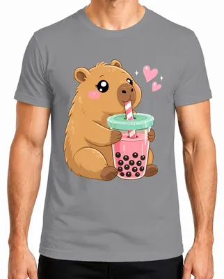 Immagine prodotto di T-shirt da uomo con stampa "Kawaii Capybara Boba Bubble Tea", stile giapponese anni 2000, con immagine di un carino animale, colore grigio, taglia L