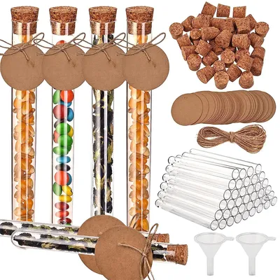 Produktbild von 40 Stück Reagenzgläser Kunststoff Transparent Reagenzgläser Reagenzglas(150x16mm)20ml mit Korken,40 Stück Kraftpapieranhänger,10m Hanfseil, 2xTrichter
