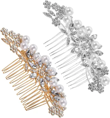 Produktbild von 2 Stück Blumen-Haarkämme für Damen zur Hochzeit, Braut-Haarkämme mit Perlen und Blumen, dekorative Haarspangen mit Strass für die Hochzeit