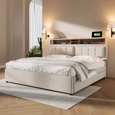 Produktbild von Sweiko Polsterbett (Doppelbett mit Lattenrost und 4 Schubladen), Stauraumbett 140x200cm mit USB Typ C Ladefunktion Kopfteil, Leinen
