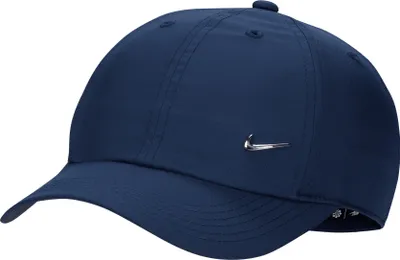 A studio product shot of a navy blue Nike baseball cap.