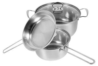 Produktbild von Edelstahl-Kochgeschirr-Set mit Bratpfanne, Suppentopf und Milchtopf, Kochtöpfe mit Deckel und Stielkasserolle für die Küche