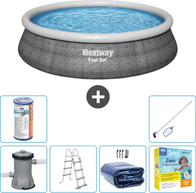 Produktbild von Bestway runder aufblasbarer Fast-Set-Schwimmpool – Rattan-Druck – 457 x 107 cm – inklusive Pumpe – Leiter Sonnensegel - Wartungspaket - Filter - Reinigungskit