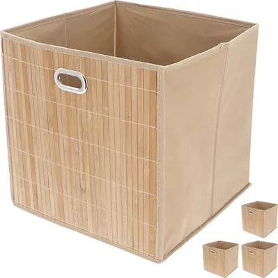 Produktbild von Aufbewahrungskorb Bambus 4er Set faltbar quadratisch 31x31x31cm Metall Grifflöcher Utensilienkorb Badezimmerkorb Bambusbox Faltkorb