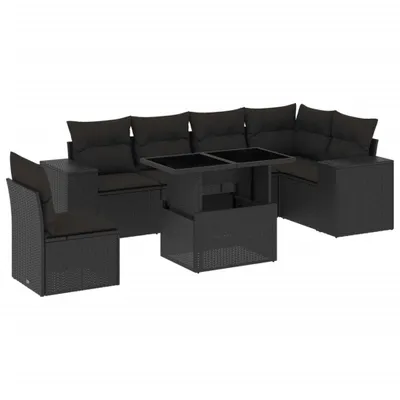 Produktbild von Modulares Garten-Loungeset, 7-teilig, mit verstellbarem Tisch, Poly Rattan Schwarz, inkl. UV-beständige Kissen mit abnehmbaren Bezügen