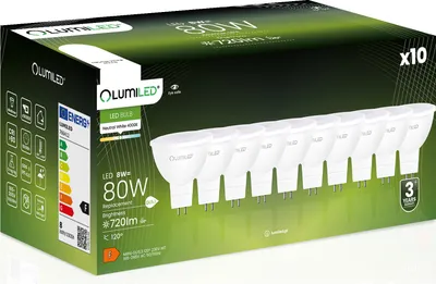 Produktbild von LUMILED GU5.3 LED žiarovky 230V bodové 10 ks sada, MR16 8W (ekvivalent 80W) 4000K neutrálna biela 720 Lm 120° uhol vyžarovania bodové žiarovky