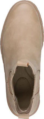 A top-down view of a single beige Chelsea boot.