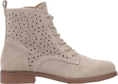 A single beige boot with intricate floral cutouts is shown against a white background.
