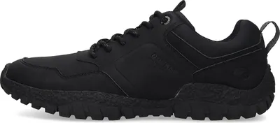 A side view of a black sneaker.