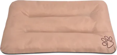 A beige dog bed with a paw print logo.