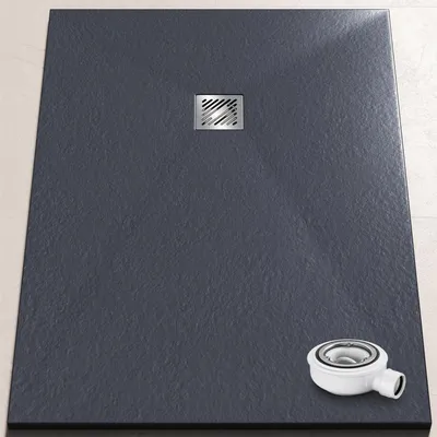 Produktbild von doporro Duschwanne Duschtasse 100x140x3cm aus Mineralguss in Anthrazit Rechteckig DIN-Anschlüsse für bodenebene Montage geeignet inkl. Ablaufgarnitur06 geoma09
