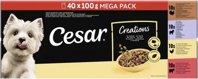Produktbild von CESAR® Creations Multipack Portionsbeutel 4 Varietäten Rind, Huhn, Lamm, Truthahn in Sauce 40x100g