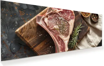Produktbild von Glasbild 100x40cm in XXL für Wohnzimmer, Schlafzimmer Motiv Steakauf Holzbrett