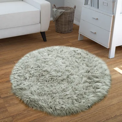 Produktbild von TT Home Wohnzimmer Hochflor Teppich Kunst-Fell Design Versch. Formen Unifarben, In Grau Größe 60 cm Rund