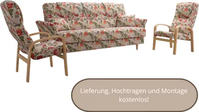Produktbild von Couch plus zwei Sessel BOSTON Sofa mit Schlaffunktion Bettkasten, zwei Kissen - Satz: 3 + 1 + 1, verschiedene Farben - Blumenmuster Sonoma