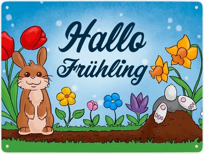 Produktbild von Hallo Frühling Metallschild XXL in 28x38 cm mit süßen Hasen für Ostern