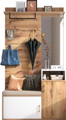 Produktbild von Sweiko Elegantes weißes und holzfarbenes Garderoben-Set mit Spiegel, Schuhschrank, Wandgarderobe, Sitzbank und Kleiderhaken (Not a one-piece product, requires drilling and punching holes in the wall)